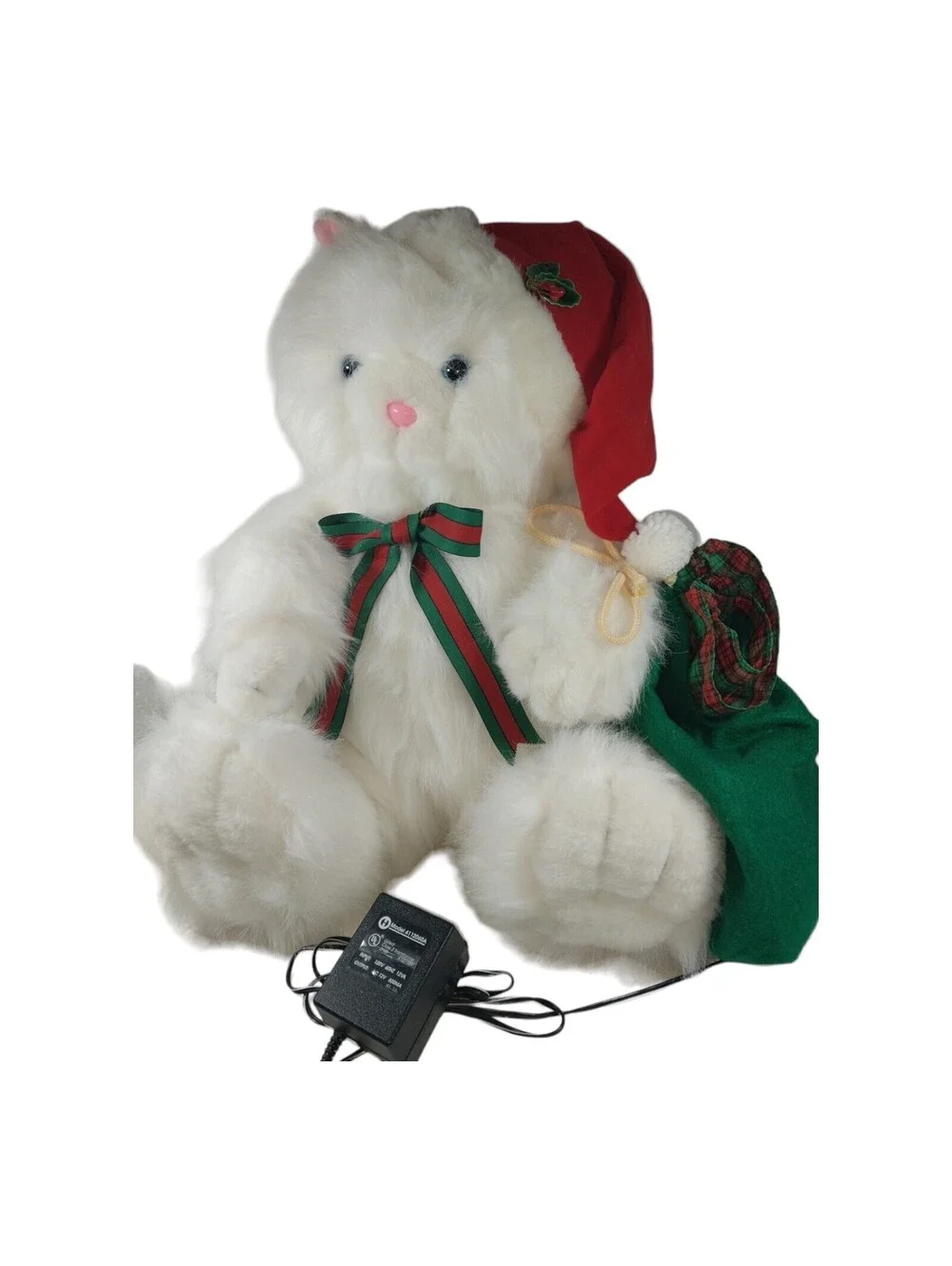 Vintage Santas Best Animated Motion Plush Christmas White fur CAT 16” 1993 WORKS